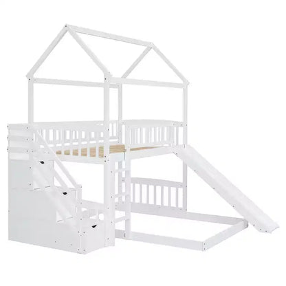 Letto a castello a casetta "Twin over Full" con scivolo e scalini per bambini e ragazzi, struttura in legno con ringhiera di protezione e contenitore