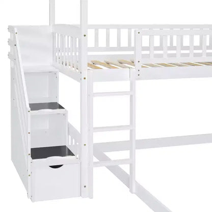 Letto a castello a casetta "Twin over Full" con scivolo e scalini per bambini e ragazzi, struttura in legno con ringhiera di protezione e contenitore