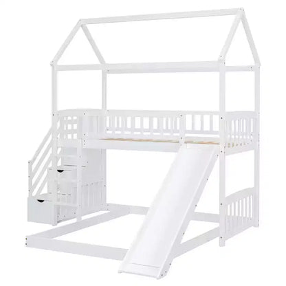 Letto a castello a casetta "Twin over Full" con scivolo e scalini per bambini e ragazzi, struttura in legno con ringhiera di protezione e contenitore