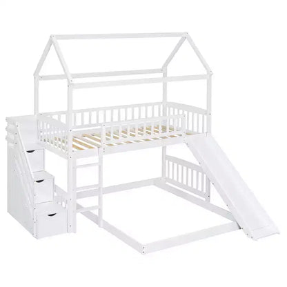 Letto a castello a casetta "Twin over Full" con scivolo e scalini per bambini e ragazzi, struttura in legno con ringhiera di protezione e contenitore