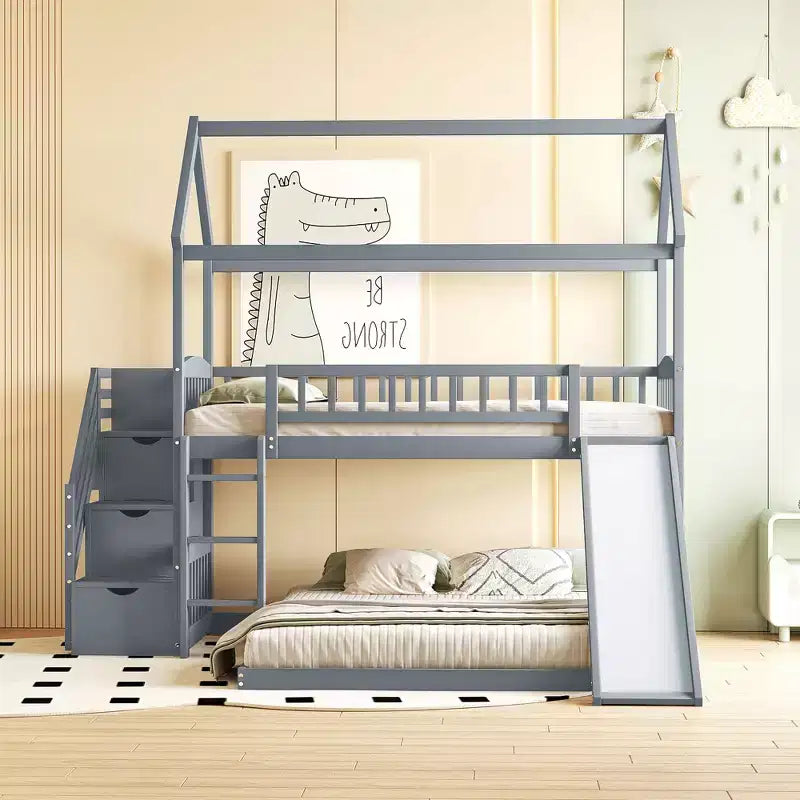 Letto a castello a casetta "Twin over Full" con scivolo e scalini per bambini e ragazzi, struttura in legno con ringhiera di protezione e contenitore