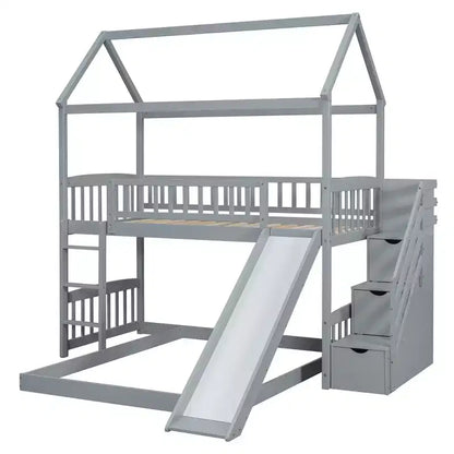 Letto a castello a casetta "Twin over Full" con scivolo e scalini per bambini e ragazzi, struttura in legno con ringhiera di protezione e contenitore