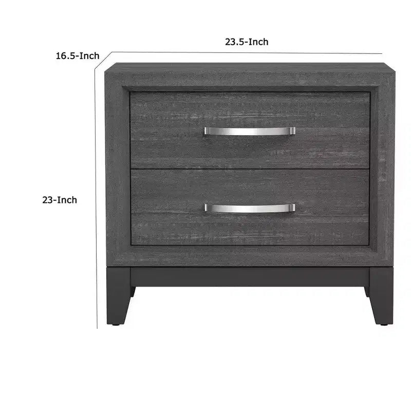 Comodino a 2 cassetti con maniglie a barra cromate, legno grigio