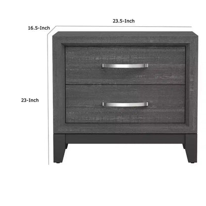 Comodino a 2 cassetti con maniglie a barra cromate, legno grigio