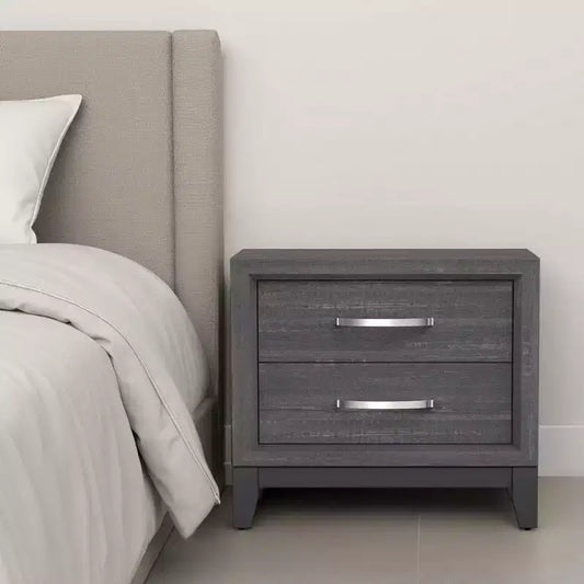 Comodino a 2 cassetti con maniglie a barra cromate, legno grigio