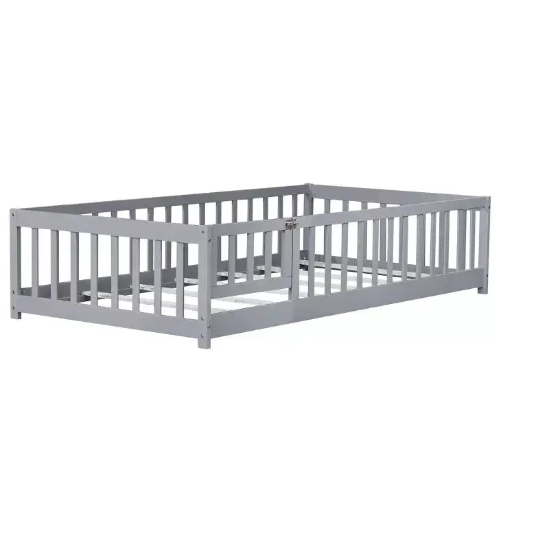 Lettino da Terra per Bambini Una Piazza con Sponde di Sicurezza e Sportello, Design Montessori Moderno in Legno