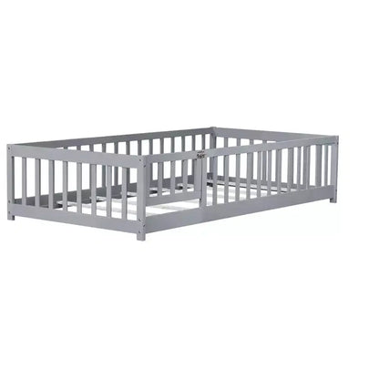 Lettino da Terra per Bambini Una Piazza con Sponde di Sicurezza e Sportello, Design Montessori Moderno in Legno