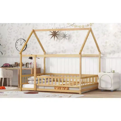 Lettino da Terra per Bambini Una Piazza con Sponde di Sicurezza e Sportello, Design Montessori Moderno in Legno