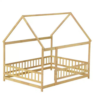 Lettino da Terra per Bambini Una Piazza con Sponde di Sicurezza e Sportello, Design Montessori Moderno in Legno