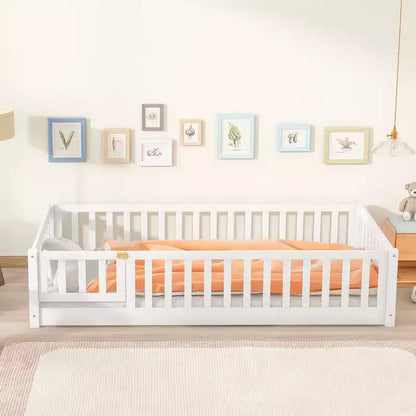 Lettino da Terra per Bambini Una Piazza con Sponde di Sicurezza e Sportello, Design Montessori Moderno in Legno