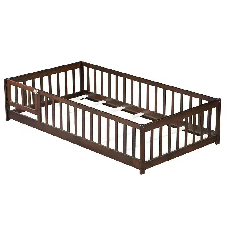 Lettino da Terra per Bambini Una Piazza con Sponde di Sicurezza e Sportello, Design Montessori Moderno in Legno