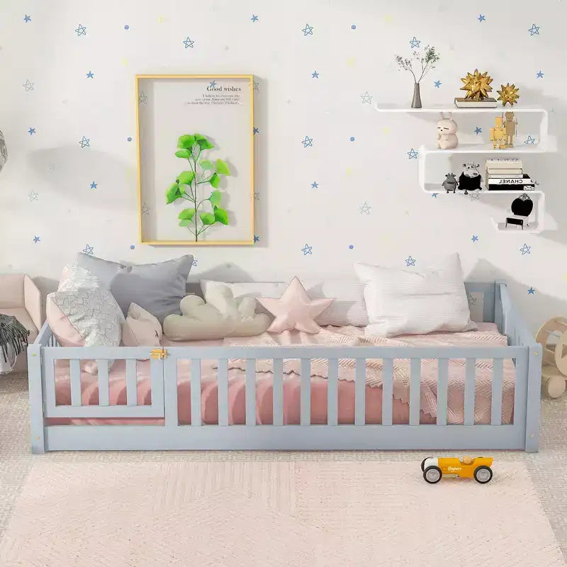 Lettino da Terra per Bambini Una Piazza con Sponde di Sicurezza e Sportello, Design Montessori Moderno in Legno