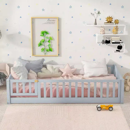Lettino da Terra per Bambini Una Piazza con Sponde di Sicurezza e Sportello, Design Montessori Moderno in Legno