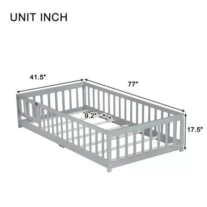 Lettino da Terra per Bambini Una Piazza con Sponde di Sicurezza e Sportello, Design Montessori Moderno in Legno
