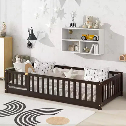 Lettino da Terra per Bambini Una Piazza con Sponde di Sicurezza e Sportello, Design Montessori Moderno in Legno