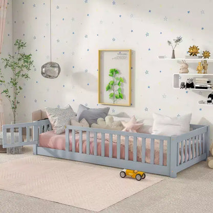 Lettino da Terra per Bambini Una Piazza con Sponde di Sicurezza e Sportello, Design Montessori Moderno in Legno