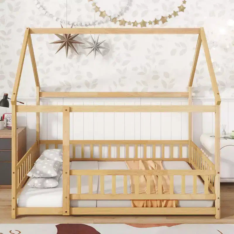 Lettino da Terra per Bambini Una Piazza con Sponde di Sicurezza e Sportello, Design Montessori Moderno in Legno