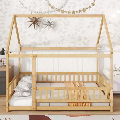 Lettino da Terra per Bambini Una Piazza con Sponde di Sicurezza e Sportello, Design Montessori Moderno in Legno