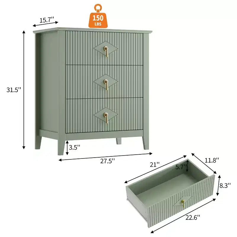 Comodino in Legno con Cassettiera Scanalata, Comodino a 3 Cassetti - Cassettiera Moderna per Camera da Letto, Soggiorno, Corridoio e Ingresso