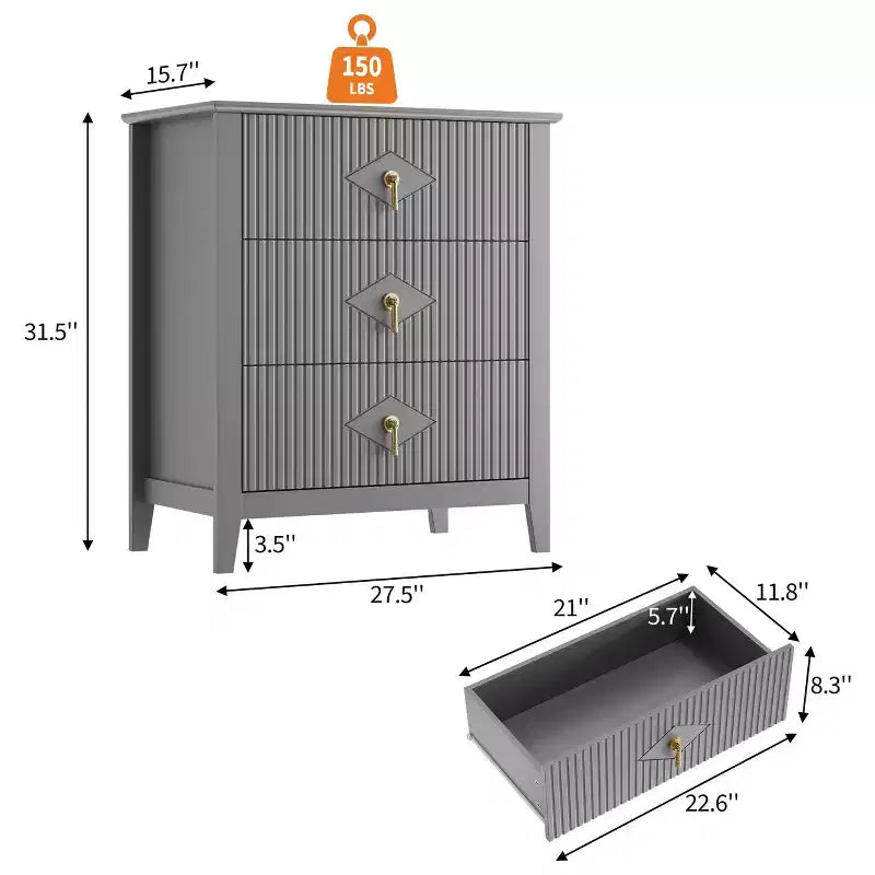 Comodino in Legno con Cassettiera Scanalata, Comodino a 3 Cassetti - Cassettiera Moderna per Camera da Letto, Soggiorno, Corridoio e Ingresso
