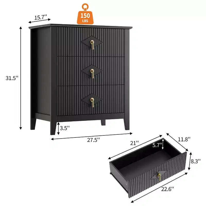 Comodino in Legno con Cassettiera Scanalata, Comodino a 3 Cassetti - Cassettiera Moderna per Camera da Letto, Soggiorno, Corridoio e Ingresso