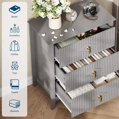 Comodino in Legno con Cassettiera Scanalata, Comodino a 3 Cassetti - Cassettiera Moderna per Camera da Letto, Soggiorno, Corridoio e Ingresso