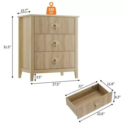 Comodino in Legno con Cassettiera Scanalata, Comodino a 3 Cassetti - Cassettiera Moderna per Camera da Letto, Soggiorno, Corridoio e Ingresso