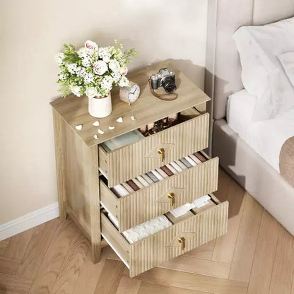 Comodino in Legno con Cassettiera Scanalata, Comodino a 3 Cassetti - Cassettiera Moderna per Camera da Letto, Soggiorno, Corridoio e Ingresso