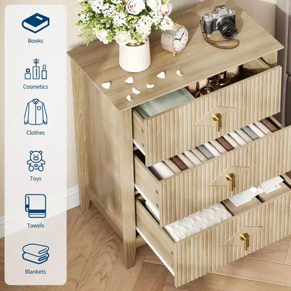 Comodino in Legno con Cassettiera Scanalata, Comodino a 3 Cassetti - Cassettiera Moderna per Camera da Letto, Soggiorno, Corridoio e Ingresso