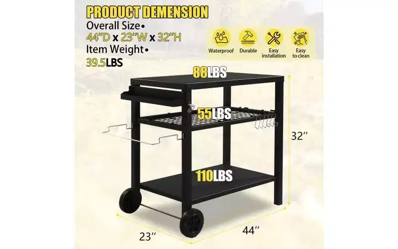 Carrello per barbecue da esterno a 3 ripiani, carrello da barbecue mobile con due ruote e ganci