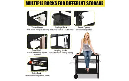 Carrello per barbecue da esterno a 3 ripiani, carrello da barbecue mobile con due ruote e ganci