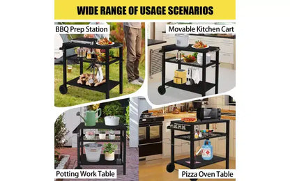 Carrello per barbecue da esterno a 3 ripiani, carrello da barbecue mobile con due ruote e ganci