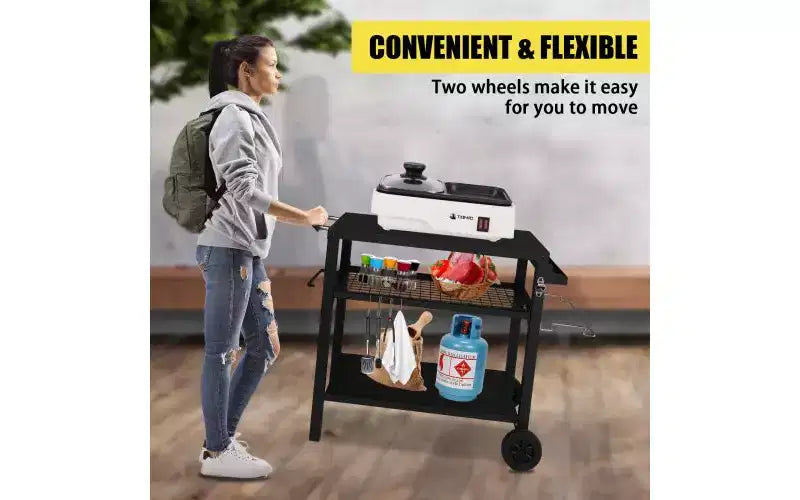 Carrello per barbecue da esterno a 3 ripiani, carrello da barbecue mobile con due ruote e ganci