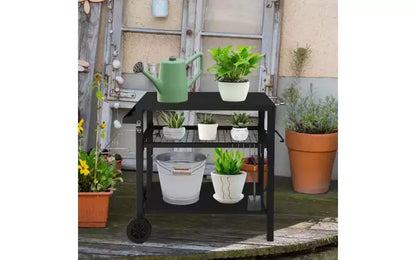 Carrello per barbecue da esterno a 3 ripiani, carrello da barbecue mobile con due ruote e ganci