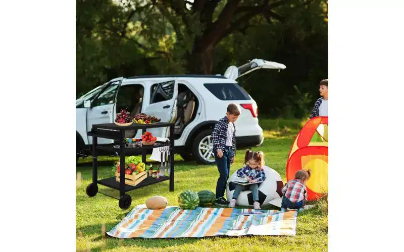 Carrello per barbecue da esterno a 3 ripiani, carrello da barbecue mobile con due ruote e ganci