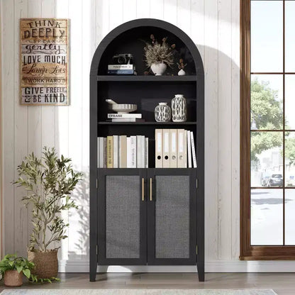 Libreria ad arco con ante - Scaffale a 5 ripiani a giorno con decorazioni in rattan, mobile contenitore moderno per libri per ufficio, soggiorno, biblioteca