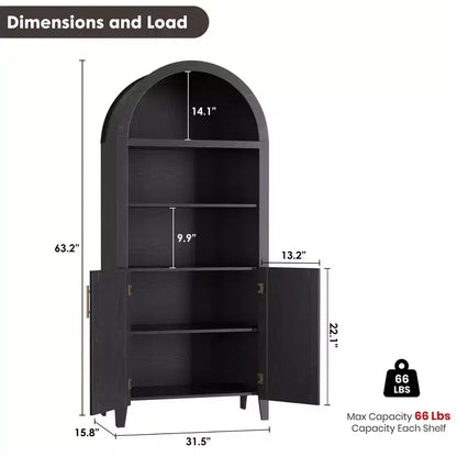Libreria ad arco con ante - Scaffale a 5 ripiani a giorno con decorazioni in rattan, mobile contenitore moderno per libri per ufficio, soggiorno, biblioteca