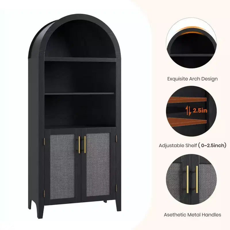 Libreria ad arco con ante - Scaffale a 5 ripiani a giorno con decorazioni in rattan, mobile contenitore moderno per libri per ufficio, soggiorno, biblioteca