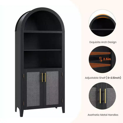 Libreria ad arco con ante - Scaffale a 5 ripiani a giorno con decorazioni in rattan, mobile contenitore moderno per libri per ufficio, soggiorno, biblioteca