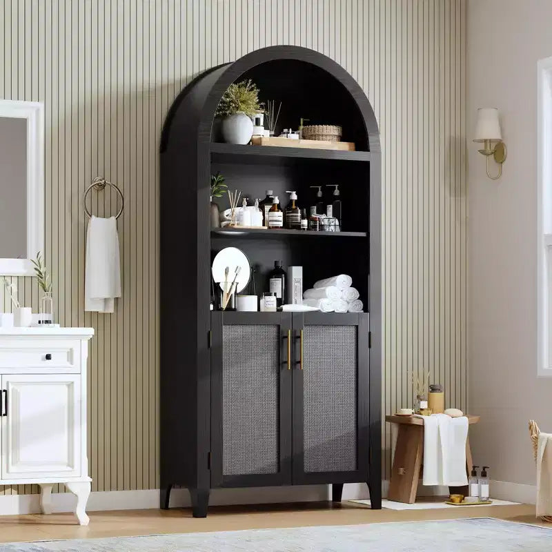 Libreria ad arco con ante - Scaffale a 5 ripiani a giorno con decorazioni in rattan, mobile contenitore moderno per libri per ufficio, soggiorno, biblioteca