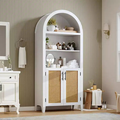 Libreria ad arco con ante - Scaffale a 5 ripiani a giorno con decorazioni in rattan, mobile contenitore moderno per libri per ufficio, soggiorno, biblioteca