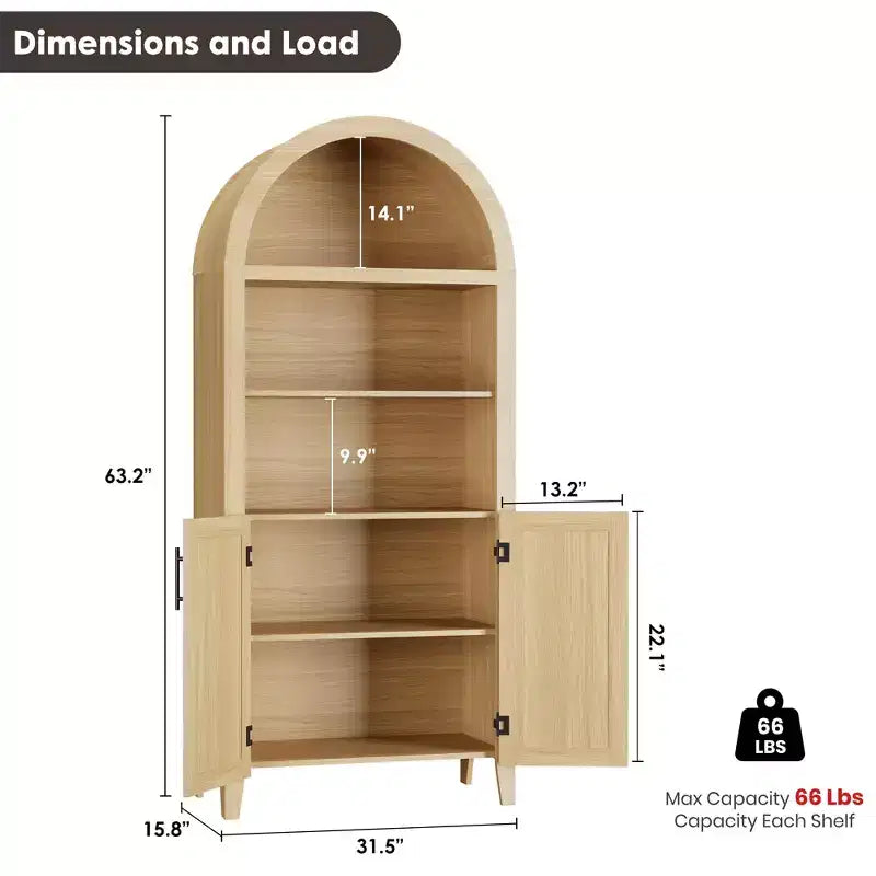 Libreria ad arco con ante - Scaffale a 5 ripiani a giorno con decorazioni in rattan, mobile contenitore moderno per libri per ufficio, soggiorno, biblioteca
