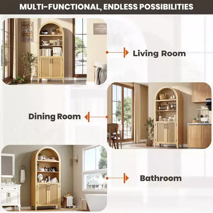 Libreria ad arco con ante - Scaffale a 5 ripiani a giorno con decorazioni in rattan, mobile contenitore moderno per libri per ufficio, soggiorno, biblioteca