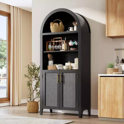 Libreria ad arco con ante - Scaffale a 5 ripiani a giorno con decorazioni in rattan, mobile contenitore moderno per libri per ufficio, soggiorno, biblioteca