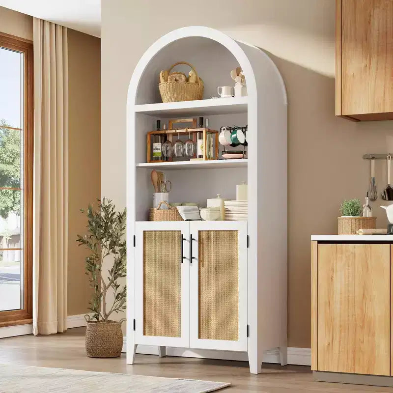 Libreria ad arco con ante - Scaffale a 5 ripiani a giorno con decorazioni in rattan, mobile contenitore moderno per libri per ufficio, soggiorno, biblioteca