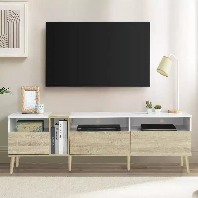Modern TV Stand with Drawers for 80 TV, Media Console Table with Storage, TV Storage Cabinet with Open Shelves for Living Room, White