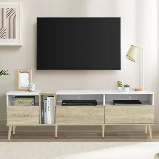 Modern TV Stand with Drawers for 80 TV, Media Console Table with Storage, TV Storage Cabinet with Open Shelves for Living Room, White