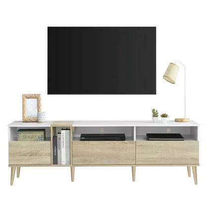 Mobile TV moderno con cassetti per TV da 80 pollici, mobile consolle multimediale con contenitore, mobile contenitore TV con ripiani aperti per soggiorno, bianco