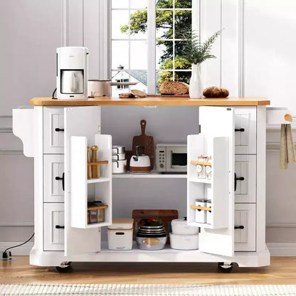 Isola da Cucina con Anta a Ribalta e Ruote, Carrello da Cucina con Cassetti e Scaffale, Isola da Cucina Mobile con Presa Elettrica