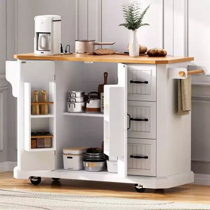 Isola da Cucina con Anta a Ribalta e Ruote, Carrello da Cucina con Cassetti e Scaffale, Isola da Cucina Mobile con Presa Elettrica